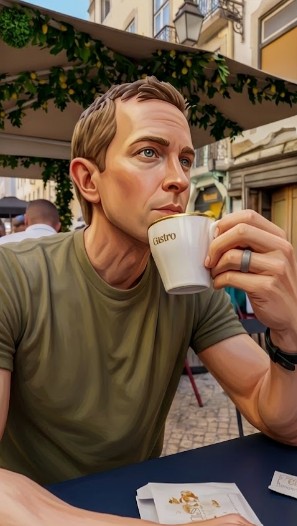 A man drinking coffee at an outdoor café table.