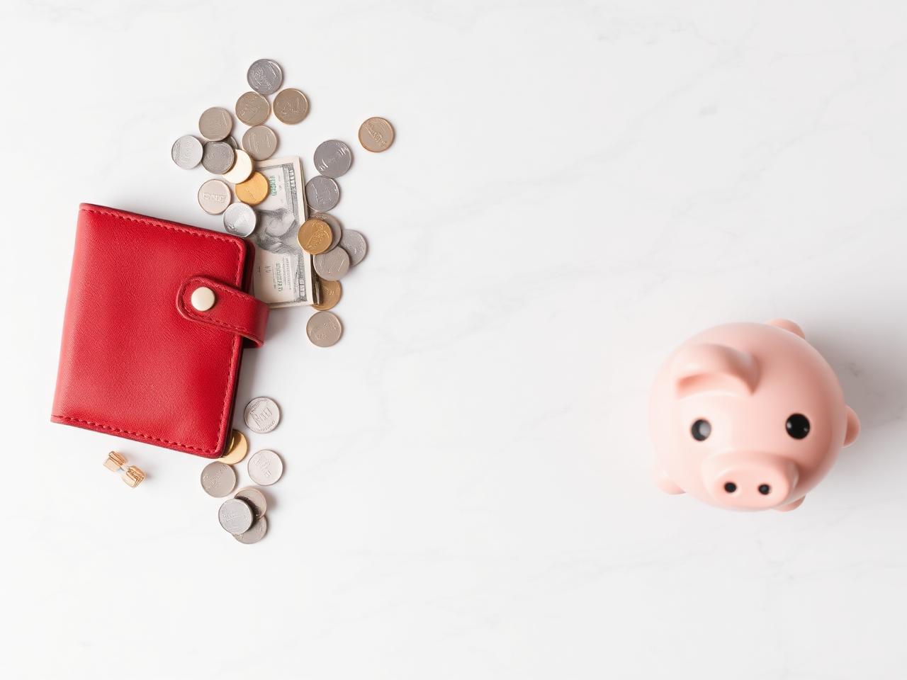 A red wallet with coins and cash next to a piggy bank on marble.