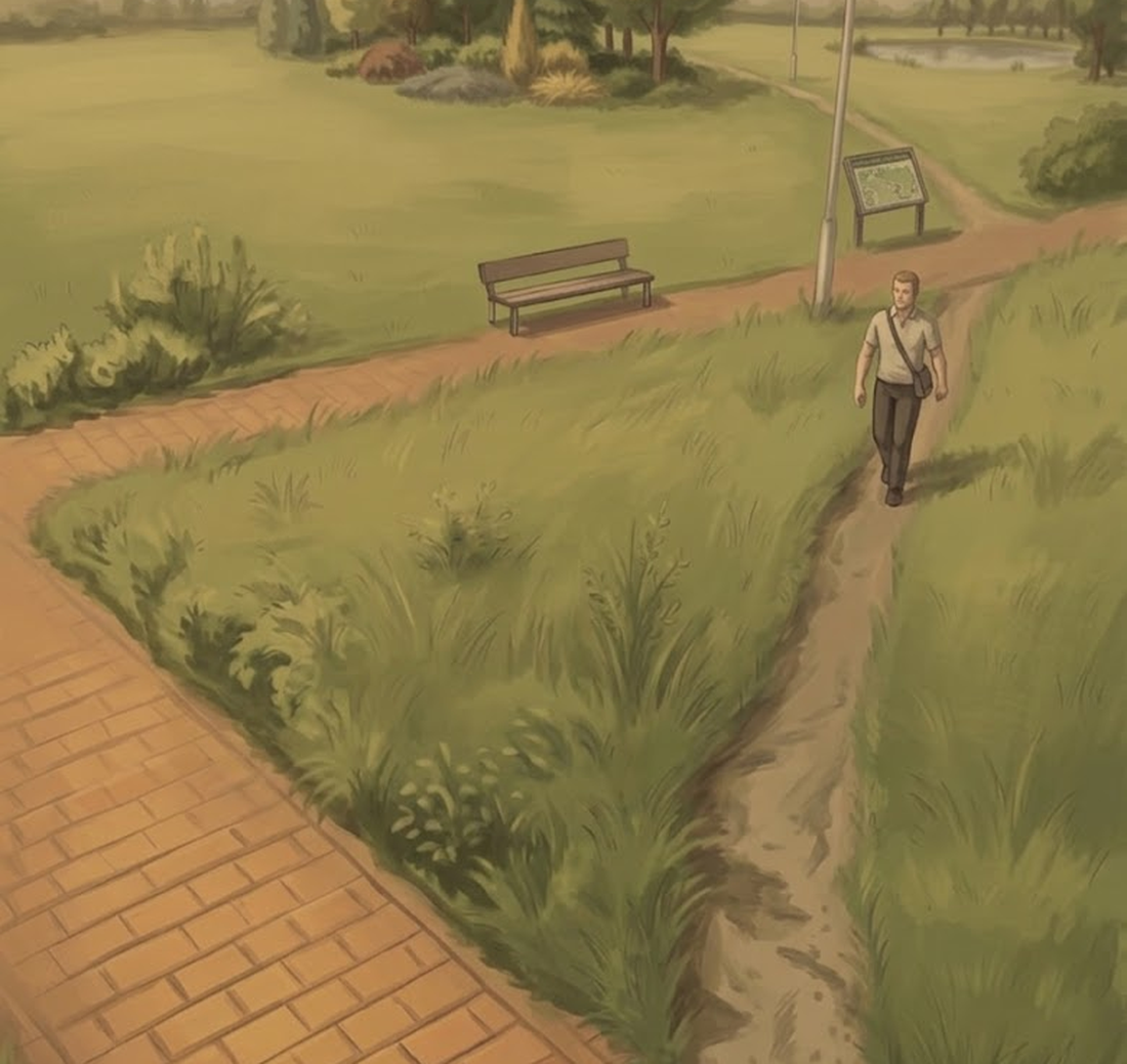 A man walking a worn dirt shortcut that cuts across a grassy lawn beside a paved path.