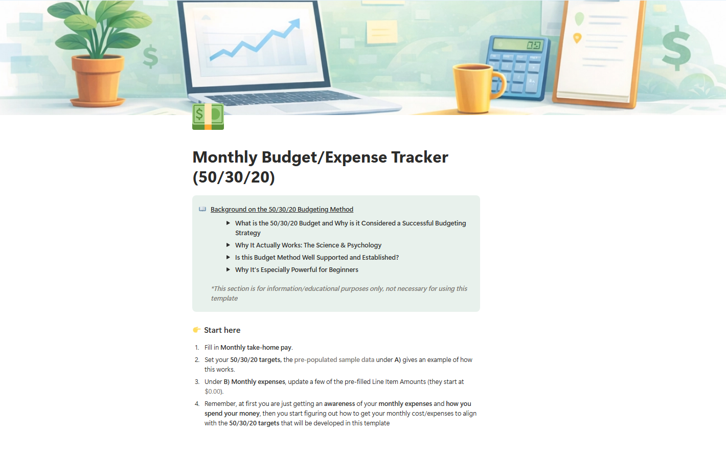 Cover graphic for the Monthly Budget/Expense Tracker (50/30/20) Notion template, illustrating the budgeting theme with a laptop, growth chart, plant, and expense icons.