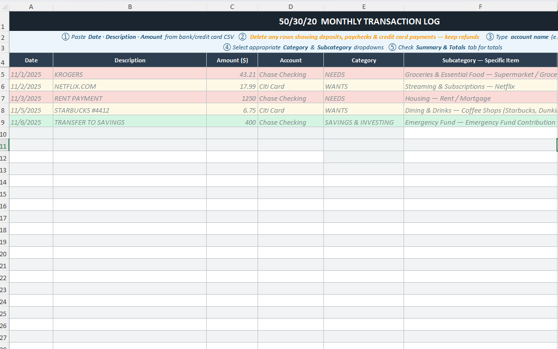 Google Sheets 50/30/20 Monthly Transaction Log tab showing dated expense entries with Amount, Account, Category, and Subcategory columns.